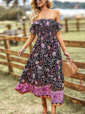 Pink Floral A Line Off The Shoulder Long Boho Dress