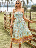 Pink Floral A Line Off The Shoulder Long Boho Dress