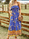 Pink Floral A Line Off The Shoulder Long Boho Dress