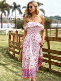 Pink Floral A Line Off The Shoulder Long Boho Dress