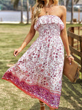 Pink Floral A Line Off The Shoulder Long Boho Dress