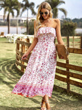 Pink Floral A Line Off The Shoulder Long Boho Dress