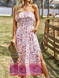 Pink Floral A Line Off The Shoulder Long Boho Dress