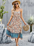 Blue A Line Floral Long Boho Dress With Slit