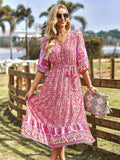 Pink A Line Floral Long Boho Dress