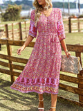 Pink A Line Floral Long Boho Dress