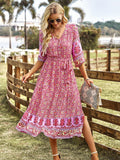 Pink A Line Floral Long Boho Dress