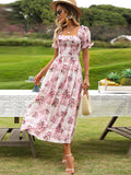 Pink Square Neck A Line Long Summer Dress