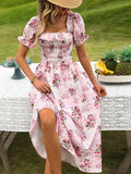 Pink Square Neck A Line Long Summer Dress