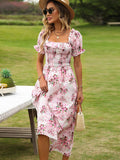 Pink Square Neck A Line Long Summer Dress