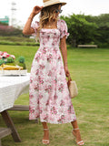 Pink Square Neck A Line Long Summer Dress