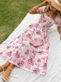 Pink Square Neck A Line Long Summer Dress