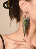 Green Statement Rhinestones Tassel Long Earrings