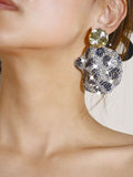 Gray Leopard Print Rhinestones Round Earrings