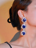 Royal Blue Rhinestones Long Round Earrings