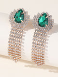 Green Teardrop Rhinestones Tassel Long Earrings