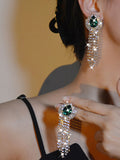 Green Teardrop Rhinestones Tassel Long Earrings
