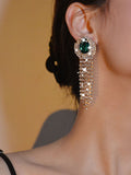 Green Teardrop Rhinestones Tassel Long Earrings