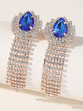 Green Teardrop Rhinestones Tassel Long Earrings