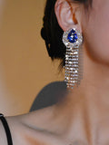 Green Teardrop Rhinestones Tassel Long Earrings