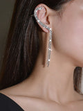 Rhinestones Silver Tassel Long Chain Earrings