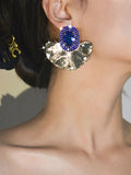 Royal Blue Rhinestones Leaf Floral Oval Earrings