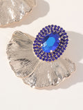 Royal Blue Rhinestones Leaf Floral Oval Earrings