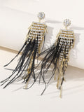 Black Ostrich Feather Rhinestone Tassel Feather Long Earrings