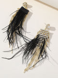 Black Ostrich Feather Rhinestone Tassel Feather Long Earrings