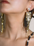Black Ostrich Feather Rhinestone Tassel Feather Long Earrings