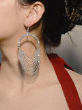 Silver Rhinestones Tassel Hoop Round Earrings