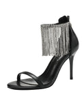 Black Rhinestones Zipper Strappy Tassel Open-toe Stiletto Sandals