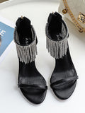 Black Rhinestones Zipper Strappy Tassel Open-toe Stiletto Sandals