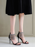 Black Rhinestones Zipper Strappy Tassel Open-toe Stiletto Sandals