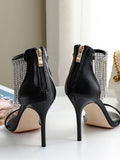 Black Rhinestones Zipper Strappy Tassel Open-toe Stiletto Sandals