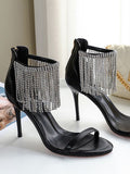Black Rhinestones Zipper Strappy Tassel Open-toe Stiletto Sandals