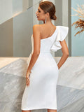 Ruffles White One Shoulder Tight Bandage Midi Dress