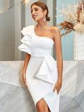 Ruffles White One Shoulder Tight Bandage Midi Dress
