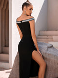 Black Glitter One Shoulder V Neck Tight Long Dress With Slit