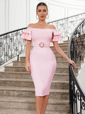 Pink Off The Shoulder Tight Midi Dress