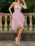 Pink Tulle A Line Off The Shoulder Midi Cocktail Dress