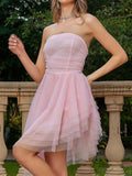 Pink Tulle A Line Off The Shoulder Midi Cocktail Dress