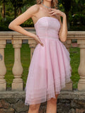 Pink Tulle A Line Off The Shoulder Midi Cocktail Dress