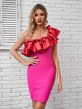 Pink One Shoulder Ruffles Tight Midi Dress