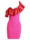 Pink One Shoulder Ruffles Tight Midi Dress