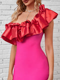 Pink One Shoulder Ruffles Tight Midi Dress