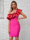 Pink One Shoulder Ruffles Tight Midi Dress