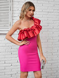 Pink One Shoulder Ruffles Tight Midi Dress