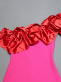 Pink One Shoulder Ruffles Tight Midi Dress