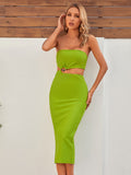 Green Strapless Cutout Tight Midi Dress